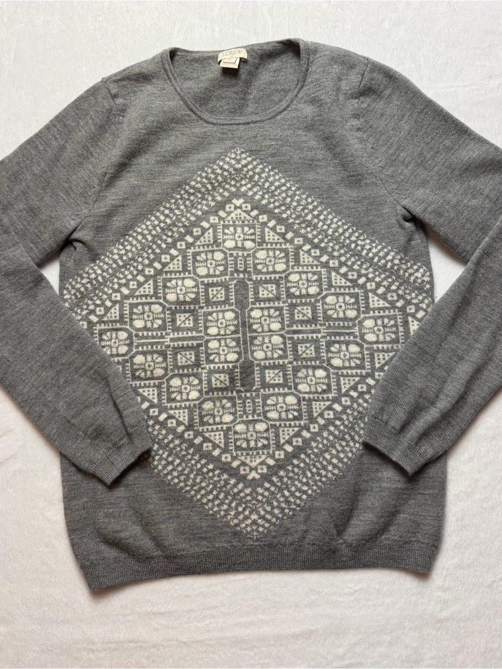 J.Crew 100% Merino Wool Fair Isle Geometric Sweater Gray Ivory Size S